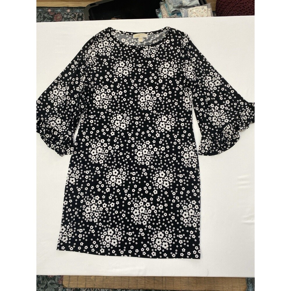 Michael Kors Daisy Floral Bell Sleeve Shift Dress Ruffle Trim Size Large